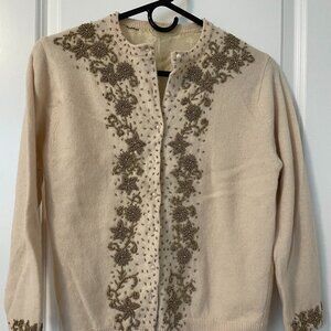 Authentic Vintage 1950s Beaded Cardigan Sweater, Size Small/Medium, Cream & Gold